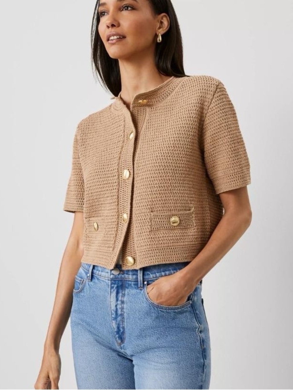 Ann Taylor Tan Crochet Knit Cardigan with Gold Buttons